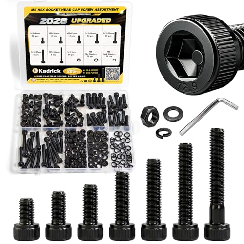 Image of Kadrick M5 Screws Kit 205PCS, Socket Head Cap M5 Screw Assortment with Lock Washers for Secure Fastening, Class 12.9 Alloy Steel, Black Zinc Plated M5 Bolts for Mechanical, Automotive & Heavy-Duty Use