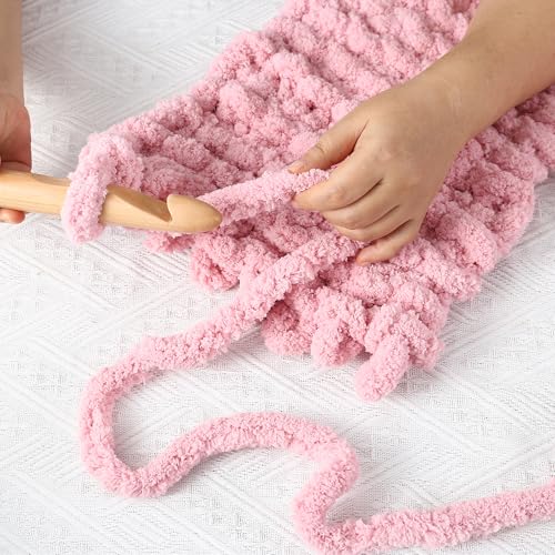 Image of Chunky Chenille Yarn for Hand Knitting 8 Jumbo Pack Jumbo Chunky Yarn for Hand Soft Blanket Knitting, Bulky Thick Fluffy Yarn for Crocheting (Leather Pink)