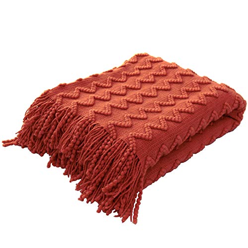 BRSnugU Textured Knitted Throw Blanket Solid Cozy Striped Weave Bed Throws with Tassels for Couch,Sofa,and Travel,50 x60 ,Rust Red