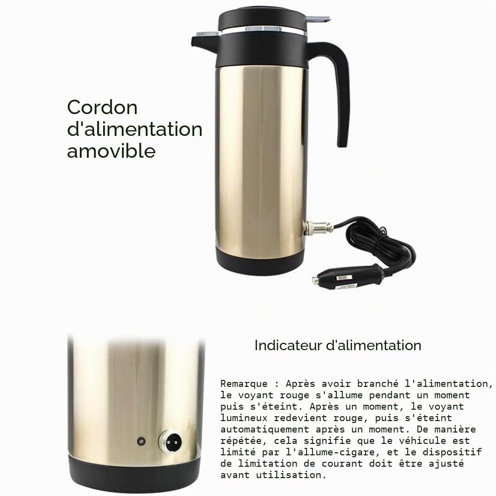 Baceyong Bouilloire de voiture allume-cigare 12 V/24 V, bouilloire portable pour voitures de voyage, tasse chauffante de voiture en acier inoxydable 304 1200 ml