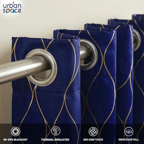 Image of Urban Space 80-85% True Blackout Curtains for Door, Gold Foil Printed Blackout Curtains, Blackout Decorative Door Curtain Eyelet with Tieback, 1 Piece Curtain for Living Room(Wave Navy Blue, 7 Feet)