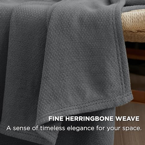 Image of Bedsure 100% Cotton Blanket, Herringbone Weave, Throw XL, Dark Grey