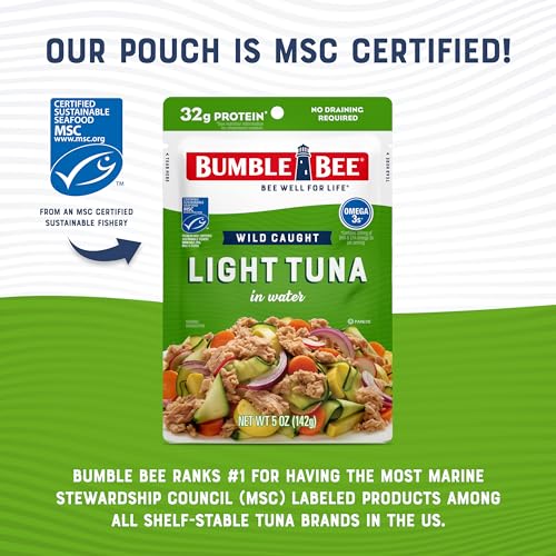 Image of Bumble Bee Chunk Light Tuna in Water, 5 oz Pouch | Wild Caught Tuna, Ready to Eat, 32g Protein per Packet, Non-GMO, Gluten Free, Kosher, MSC Sustainable Seafood