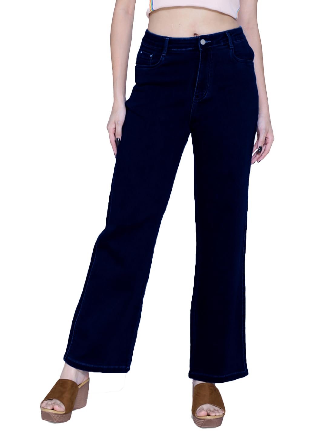 High Rise Wide Leg Ankle Length Stretchable Denim Jeans Pant for Women-image-47