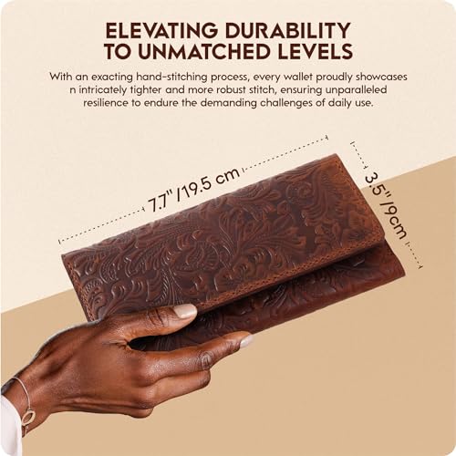 Toros Craft Handmade Western Wallets for Women, Genuine Tooled Leather & Long Credit Card Holder, Cowhide Slim Cell Phone Case, Large Capacity, Cute Clutch & Purse & Handbag (Dark Brown) - Thumbnail 5