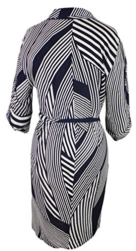 Women’s Elegant Soft Striped Button V Neck Shift Dress 3/4 Sleeves2