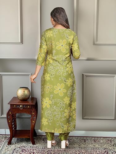 Image of Naixa Women's Lemon Rayon Blend Embroidered and Printed Straight Kurta with Rayon Blend Pant and Organza Dyed Dupatta Sets (NX-510)