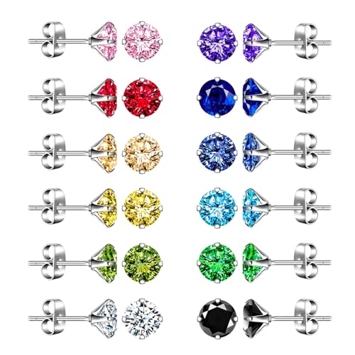 CPSLOVE Damen Herren Edelstahl Ohrringe Elegante 5mm Solitär Ohrringe 12 Farben 4 Claw Runde Zirkonia Edelstahl Ohrstecker für Mädchen Set 12 Paar
