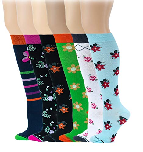 Different Touch 6 Pairs Pack Women Travelers, Anti-Fatigue, Graduated Compression Knee High Socks 9-11 (Floral Design)