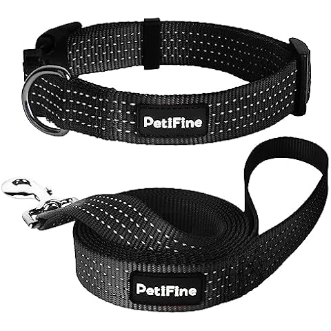 PetiFine Reflective Dog Collar, Adjustable Classic Nylon Dog Collars for Small/Medium/Large Dogs, High Visibility Dog Collars with Quick Release Buckle (Collar+Leash S, Black) Cover