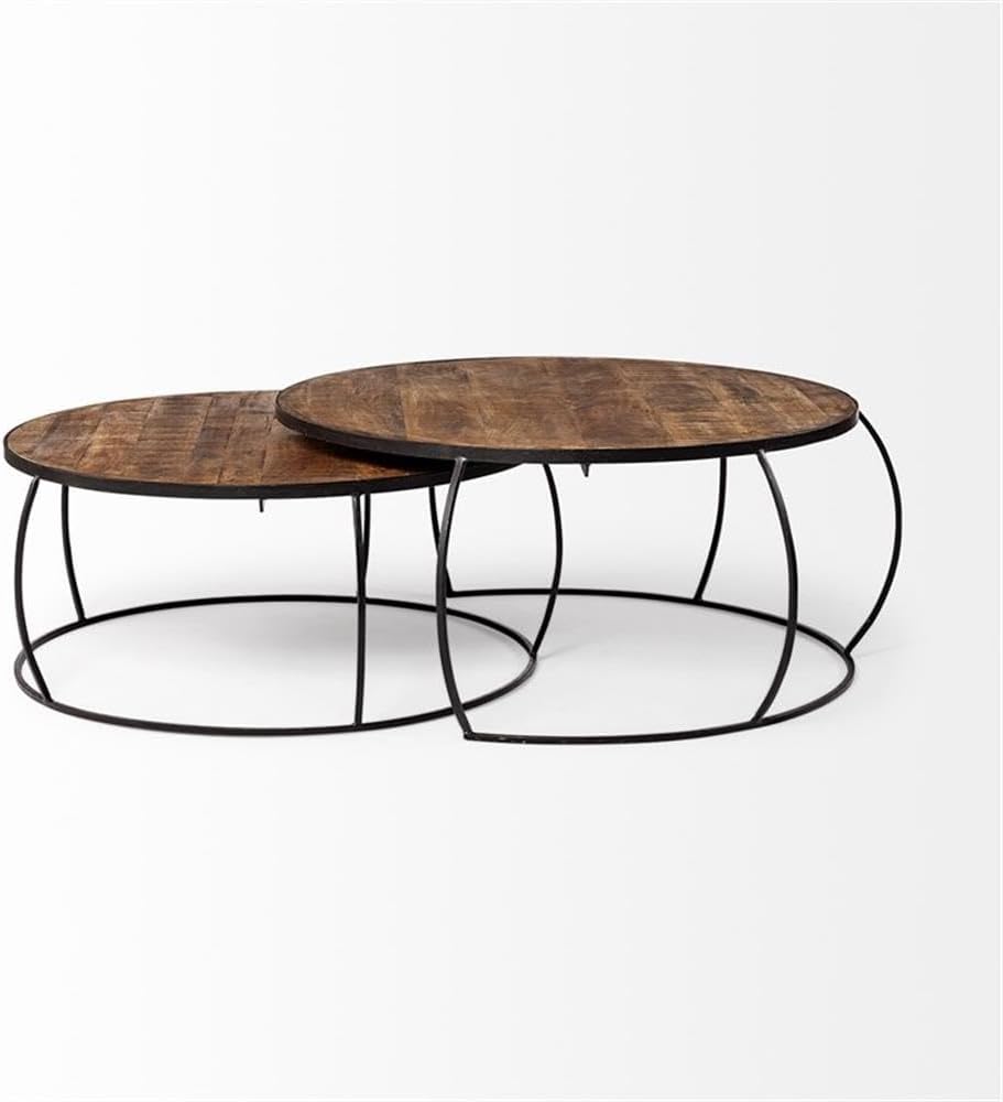 Pemberly Row Set of 2 Round Nesting Coffee Tables, Brown Mango Wood Top, Black Iron Base, Large 41 in x 19 in, Small 38 in x 17 in, Stylish Living Room Accent Furniture, Flexible Space-Saving Design