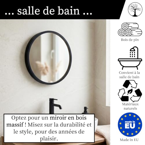 STOLARNIA PIKA LEJA – Miroir Mural Rond, Cadre en Bois (∅47 cm), Noir, 50 cm élégant – pour Salle de Bain, entrée, Salon, Chambre – vue 4
