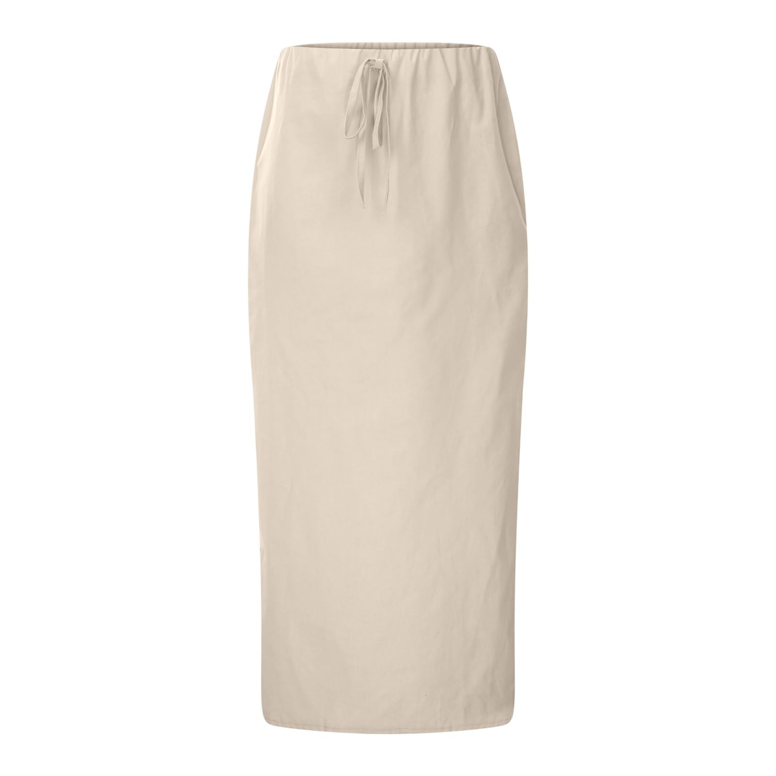 Linen Flared Maxi Skirt with Back Slit Elastic Waist Drawstring Long Flowy Ankle Length Casual Summer Skirt (Beige, XS)