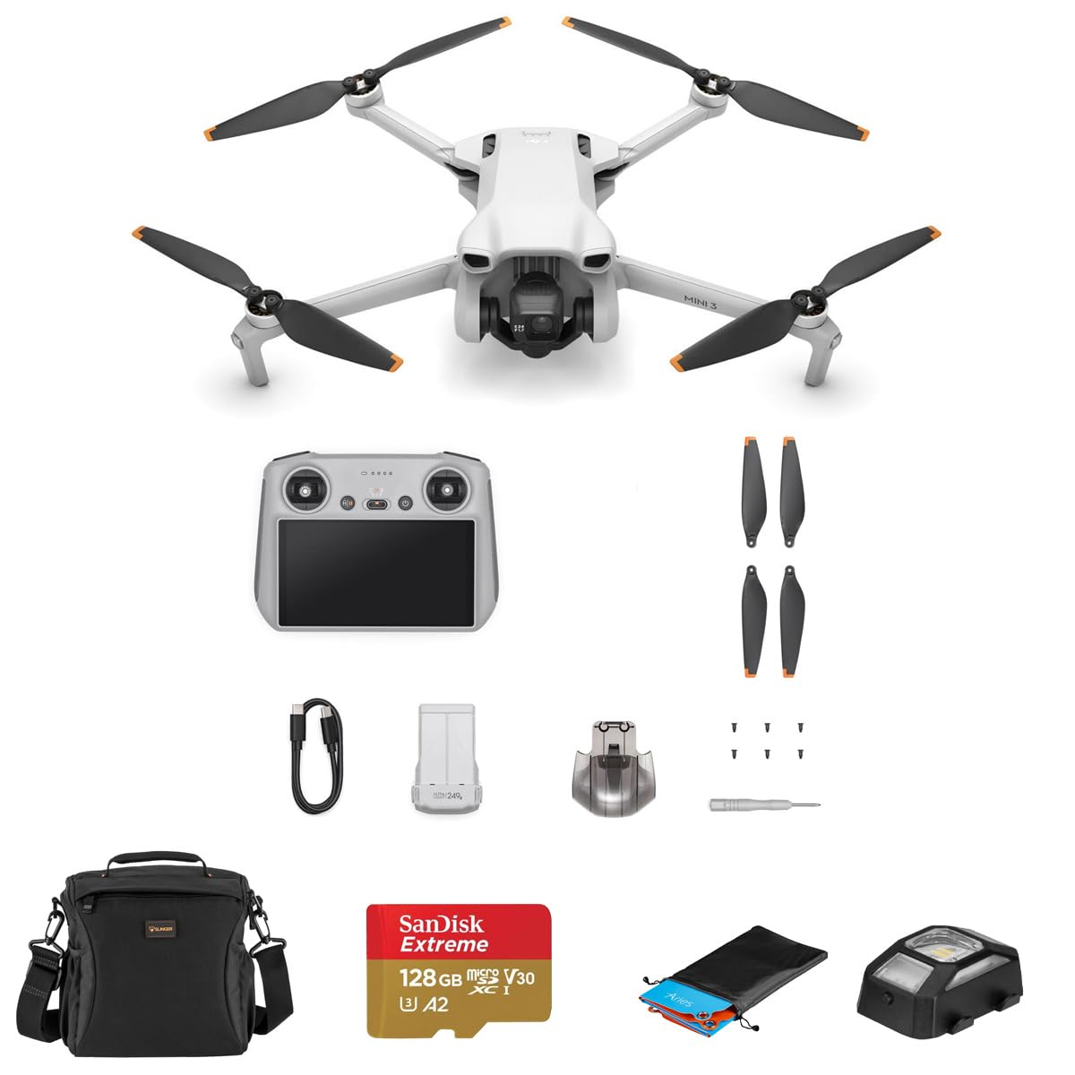 DJIMini 3 Drone with RC Remote Controller Bundle with 128GB microSD Card, Shoulder Bag, Anti-Collision Light, Landing Pad