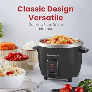 Elite Gourmet ERC003BX Electric Rice Cooker with Automatic Keep Warm Makes Soups, Stews, Grains, Hot Cereals, 6 Cups Cooked (3 Cups Uncooked), Black