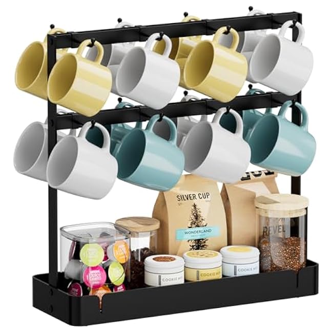 Coffee Mug Holder with 16 Movable Hooks, Metal Coffee Cup Holder for Countertop, 2 Tier Mug Rack with Storage Shelf for Kitchen Office Coffee Mug Rack