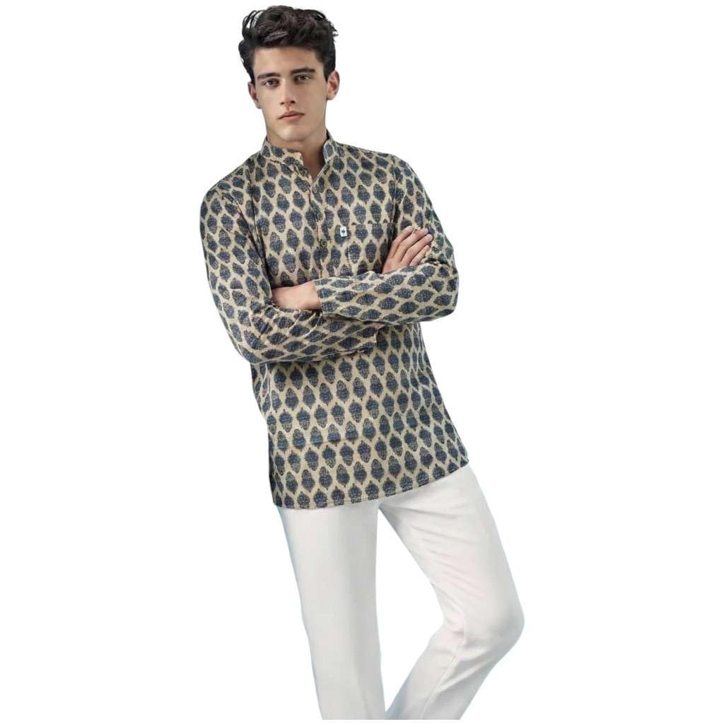 Men’s Cotton Printed Short Kurta - Stylish Pattern Casual Kurta for Men - Mandarin Collar Regular Fit Kurta Top - Soft Breathable Fabric-image-20