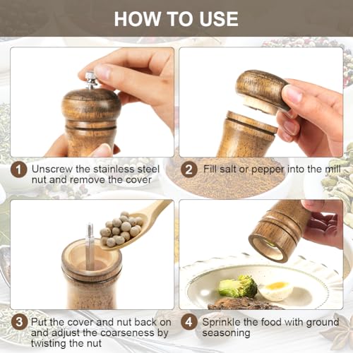 Vicloon Salt and Pepper Mills Set, 2PCS Wooden Pepper Grinder with Brush, Shakers with Ceramic Core - Image 3