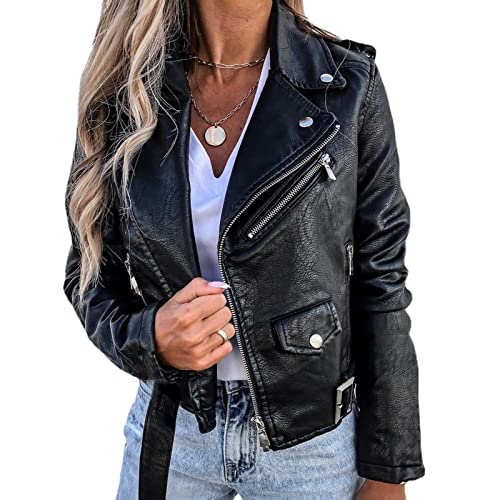 Faux Leather Jacket Women Cropped Faux Leather Textured Short Moto Jacket Zip-up Slim PU Biker Coat with Belt2