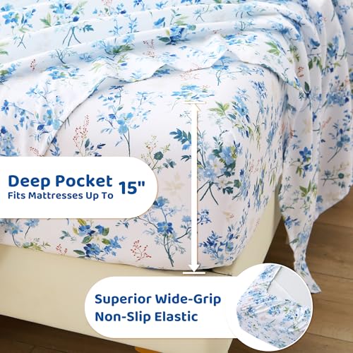 Image of Mooreeke Cozy Vintage Microfiber Printed Queen Sheet Set - Soft & Breathable Percale Blue Green Floral Bed Sheets with Extra Deep Pocket - Non-Slip Fitted Design - Blue Green Flower Pattern