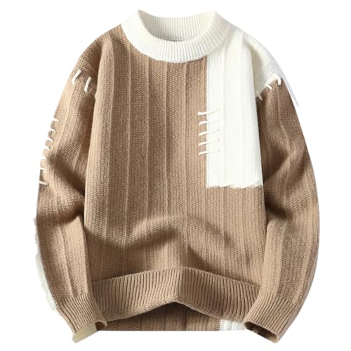 Men Contrast Color Crew Neck Sweater Long Sleeve Thick Warm Casual Knit Pullover Jumper Top
