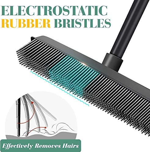 WELDUN Gummibesen mit Abzieher 34 cm breit Gummi Borsten mit Teleskopstiel, Entfernen von Tiere Katzen Hunde Haare, Bodenbürste für Teppich Hartholz Fenster Fliesen, für Innen Außen, Wasserfest, Gelb