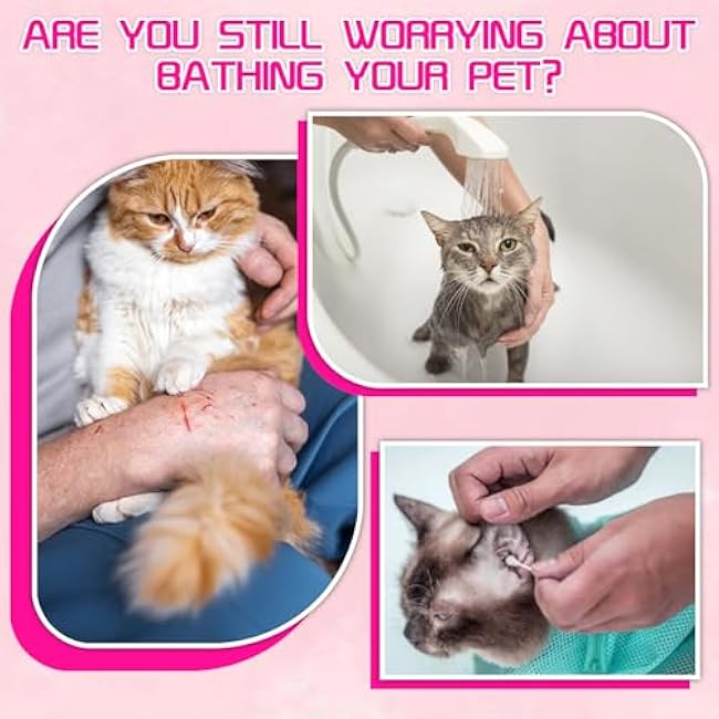 FANOVO Cat Bathing Bag, Anti-Scratch & Anti-Bite Adjustable Mesh Cat Shower Bag with Nail Clipper, Grooming Comb, Bath Brush & Nail File, Breathable Cat Washing Bag for Bathing, Nail Trimming-MIRjIB02