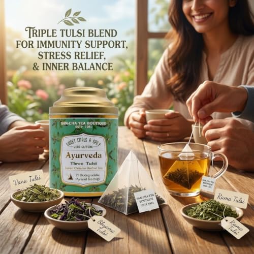 Image of Sancha Tea Boutique, Ayurveda Tulsi Blend - Rama, Shyama & Vana Tulsi, 25 Pyramid Bags x Pack of 2, Caffeine Free Herbal Tisane, Traditionally Valued for Balance & Wellness
