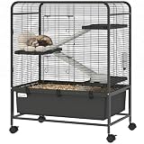PawHut Cage pour Rongeurs, Cage pour Petits Animaux sur Roulantes, 4 Niveaux, 3 Plateformes, 3 Rampes, 2 Portes, Bouteille d'eau, Plateau Amovible Profond de 18 cm, 75x46x94,5cm, Noir