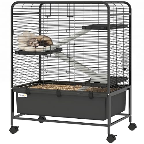 PawHut Cage pour Rongeurs, Cage pour Petits Animaux sur Roulantes, 4 Niveaux, 3 Plateformes, 3 Rampes, 2 Portes, Bouteille d'eau, Plateau Amovible Profond de...