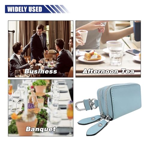 Image of BDZMC Car Key Case, Genuine Leather Car Keychain Holder, 2 Sides Pocket Car Key Fob Zipper Bag, Car Key Case for Women Men(Light Blue)