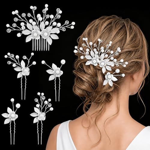 MELLIEX 5 Piezas Horquillas para el Pelo Boda, Perlas Cristal Tocados de Novia, Flor Pinzas para Cabello de Novia para Boda Fiesta Velada (Plateado)