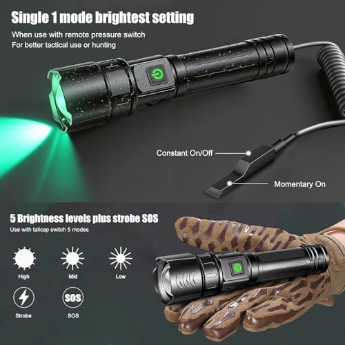 Image of VASTFIRE USB-C Rechargeable Green Flashlight Zoomable 1000 Yard Pressure Switch Scope Rail Mount Hogs Predators Night Hunting (30)