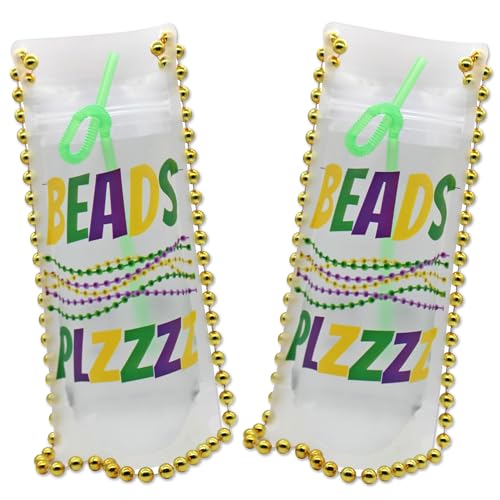 NeckSip Beads Plz Wearable Drink Pouches (16oz, 2-Pack, Gold Beads) – Mardi Gras Parades, Bead Tossing, Carnival Parties, Street Festivals, Balcony Celebrations, and Bold, Bead-Filled Fun