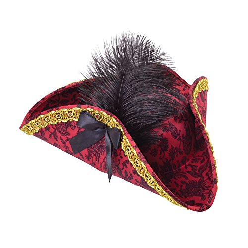 Ladies Red Pirate Tricorn Hat (1 Pc.) - Authentic Headwear, Perfect for Parties, Reenactments, World Book Day, Festivals, & More Halloween Halloween