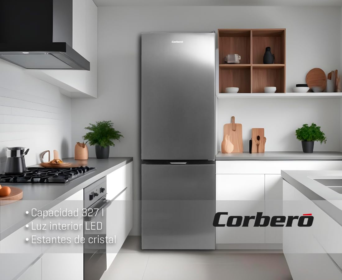 Corbero - Frigorífico Combi No Frost | CCH18574NFX | 327L | 59x91x177 | Luz LED | Crisper y Balcones Ajustables | Estantes de Cristal | 39 Db | Inox