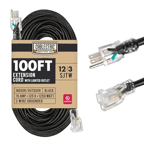 Cablectric Heavy Duty Extension Cord 100 Ft, 12 Gauge Long Outdoor Extension Cord with 3 Prongs, SJTW Weatherproof Black 12/3, 15 AMP, Great for Major Appliances - Lighted Ends