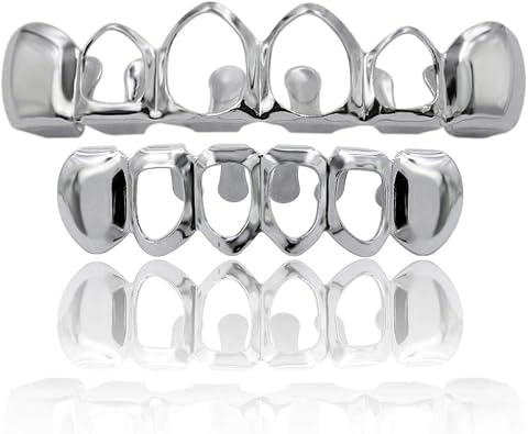 TOPGRILLZ Vampire Teeth Grillz - Grills for Your Teeth, 14K Gold Plated Vampire Fangs Open Face Gold Grillz for Men Women Hip Hop Cosplay Rapper Costume Accessory Extra 2 Molding Bars