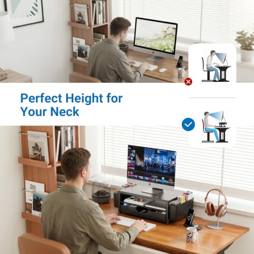 Image of OPNICE Desk Organizers and Accessories, Computer Monitor Stand Riser with Drawer and 2 Pen Holders, Printer & Laptop Stand, Office Desk Accessories & Workspace Organizers for Home Office Supplies, Metal Black