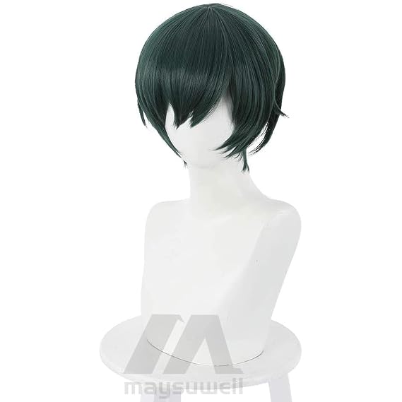 Short Dark Green Wig with Bangs Women Straight Hair Anime Zen'in Sis Cosplay Wig Heat-Resistant Fiber Wigs Halloween,Christmas, Comic con,Party
