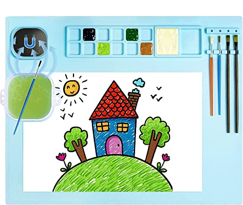 Silicone Art Mat with Cup, Painting Mat for Crafts Resin Casting, Artist Mat with Pen Holders for Kids Gift, Clay, DIY Creations and Play Doh (Blue)
