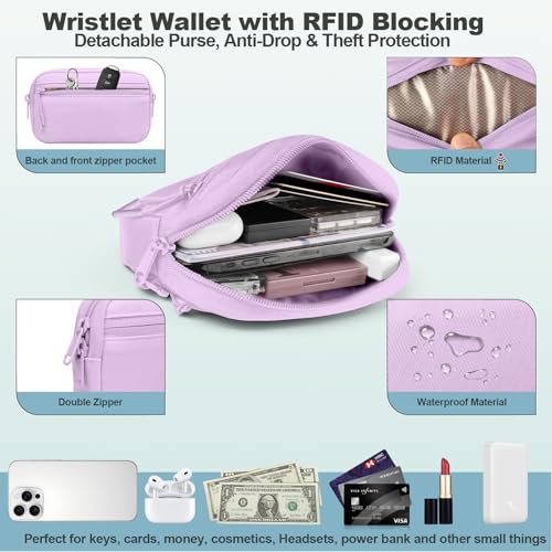Image of YFWE Clip and Go Strap for Phone with Wallet Crossbody, Adjustable Phone Lanyard with Detachable RFID Wristlet Wallet, Pattern Strap - Light Purple(L)