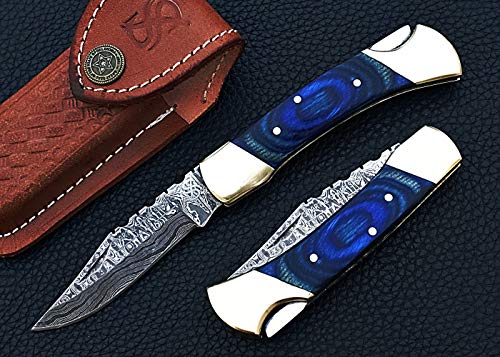 Smart & Sharp Custom Handmade Damascus Steel Folding Knife/Pocket Knife Ar-17395 (Blue Colored Wood) (Blue) #TOP2