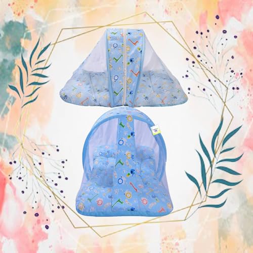 Image of Toddylon Baby Bed New Born Baby Bedding Set | Mattresses | Mosquito Net | Foldable Mattress | Beds | Cotton | Baby Bed with | Infants Boys Girls (0-6 Month) Blue