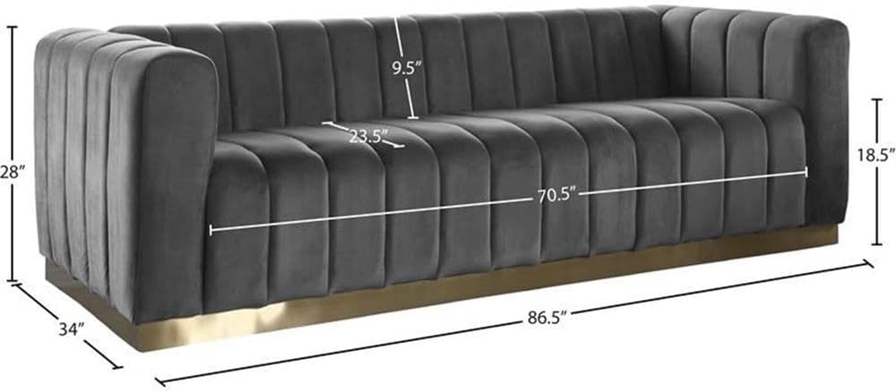 Meridian Furniture 603Grey-S Marlon Collection Modern | Contemporary Velvet Upholstered Sofa with Deep Channel Tufting, Stainless Steel Base in a Brushed Gold Finish, Grey, 86.5" W x 34" D x 28" H