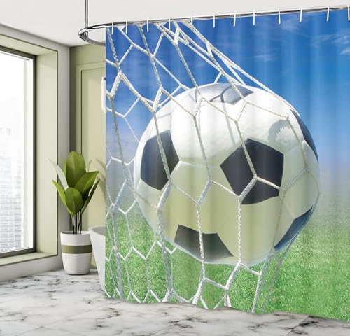 Ambesonne Sports Shower Curtain, Soccer Goal Net Football Games Photo Design Field Grass Sky Ball for Teens and Kids, Cloth Fabric Bathroom Decor Set with Hooks, 69