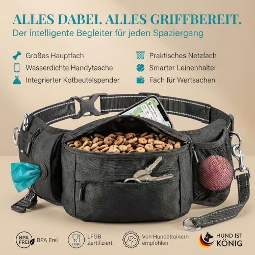 HUND IST KÖNIG Leckerlitasche für Hunde Leckerlis & Hundezubehör - Robuste Bauchtasche Hund - Futterbeutel Hunde mit Kotbeutelspender, Handyfach & Gurt für Flexileine