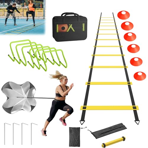 Suusolny Fußball Trainingsset Fussball Trainingszubehör Kinder Fußball Kick Trainer Enthält 6m Koordinationsleiter, 6 verstellbare Hürden, 12 Kegel, Schleppfallschirm & Aufbewahrungstasche
