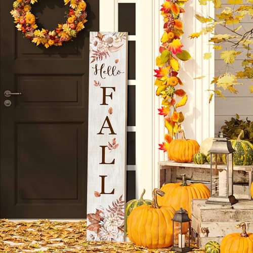 Hello Fall Porch Sign 47' Thanksgiving Day Wooden Door Sign Large Autumn Welcome Sign with Leaves Standing Front Door Decor for Home, Yard, and Fall Parties