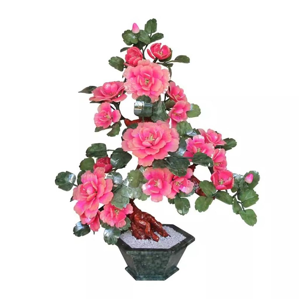 DFGHNBVC Artificial Bonsai Tree Jade Carving Peony Flower Living Room Entrance Decoration Office Home Creative Coffee Table Flower Stand Ornament Desktop Display Fake Plant Greenery De,